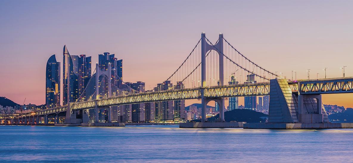 Gwangan Bridge and Haeundae at Sunrise, Busan City, South Korea